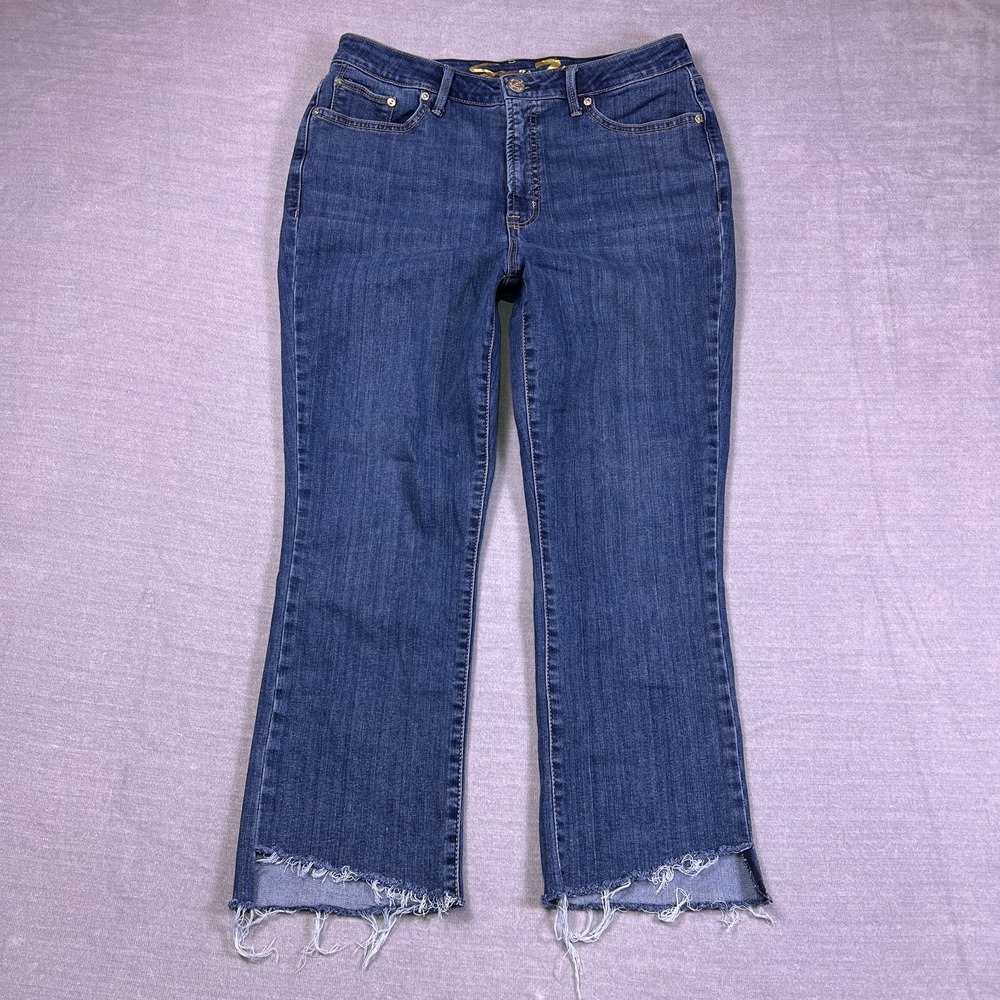 Seven7 Womens Blue Denim Stretch Frayed Hem Crop Flare Fashion Jeans Size 12